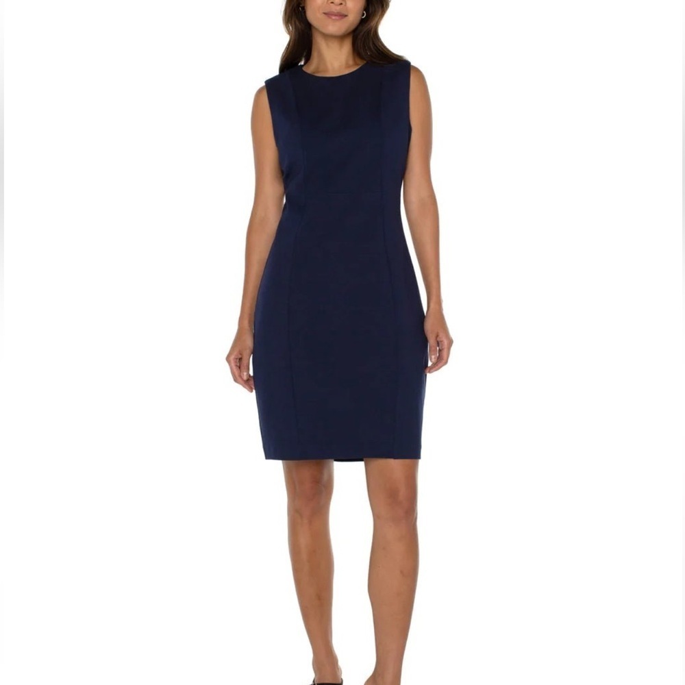 NWT LIVERPOOL SLEEVELESS SHEATH STRETCH PONTE DRESS IN CADET BLUE